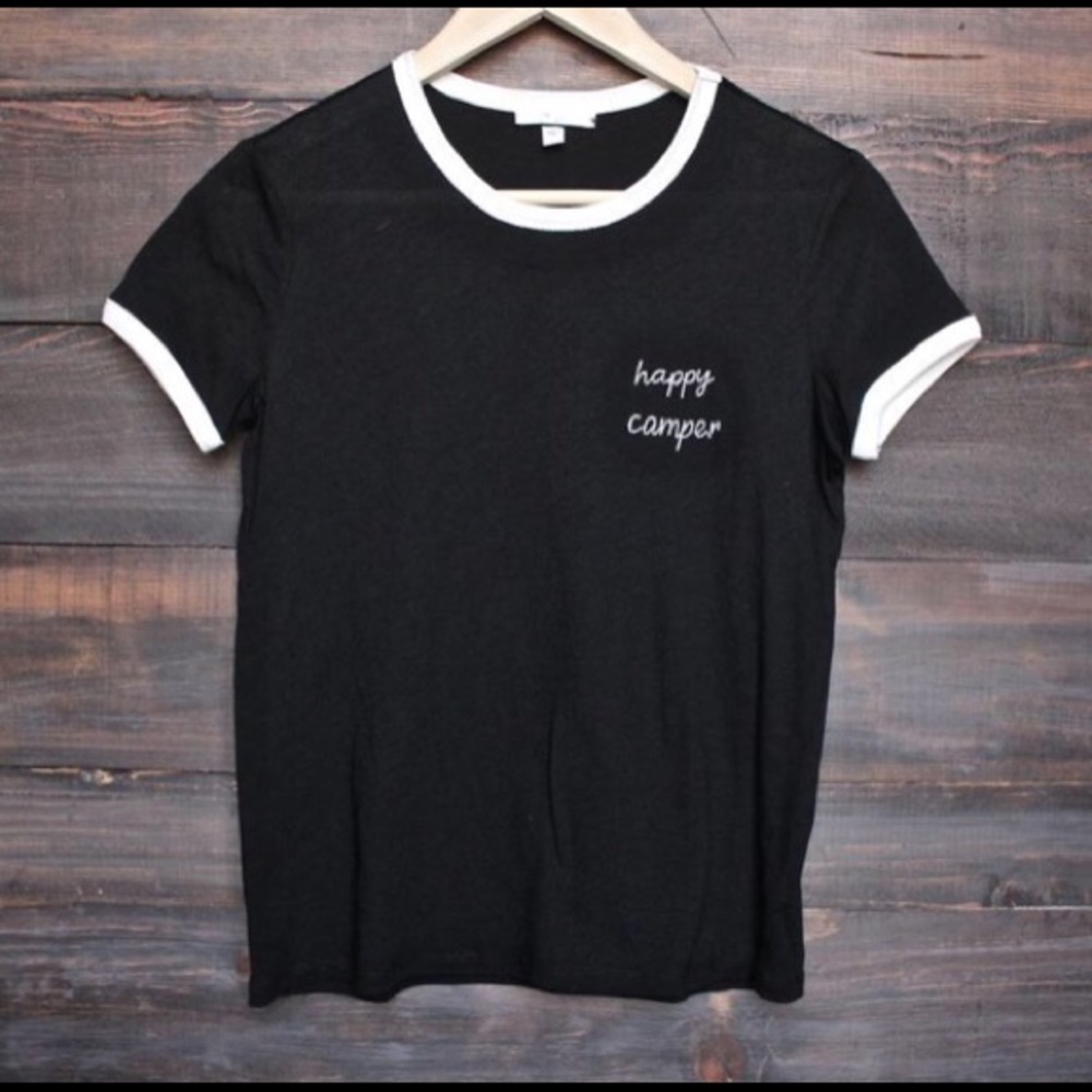 Black and White Happy Camper Embroidered Ringer T